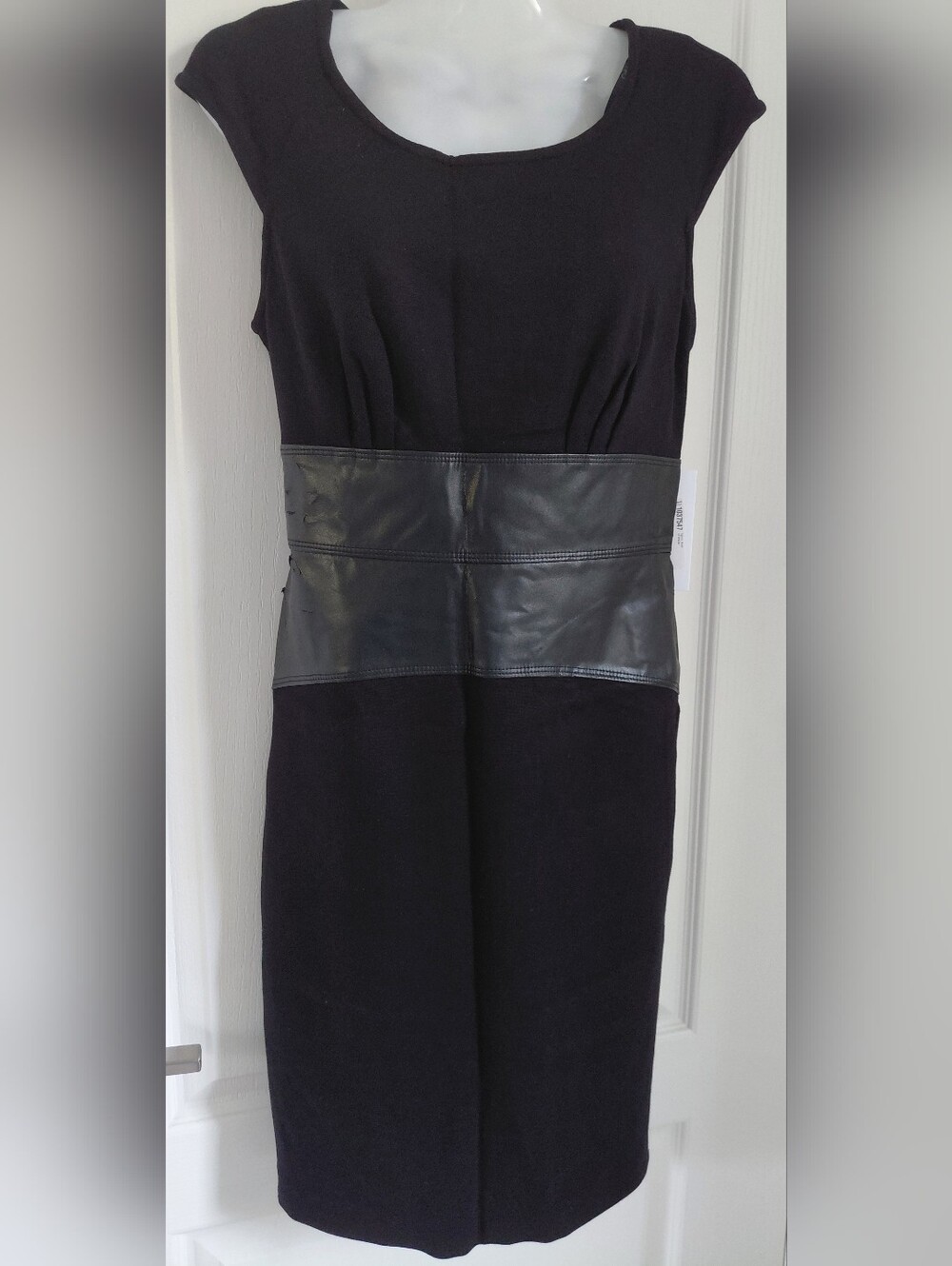 Calvin Klein Black Midi Dress with Faux Leather Waistband